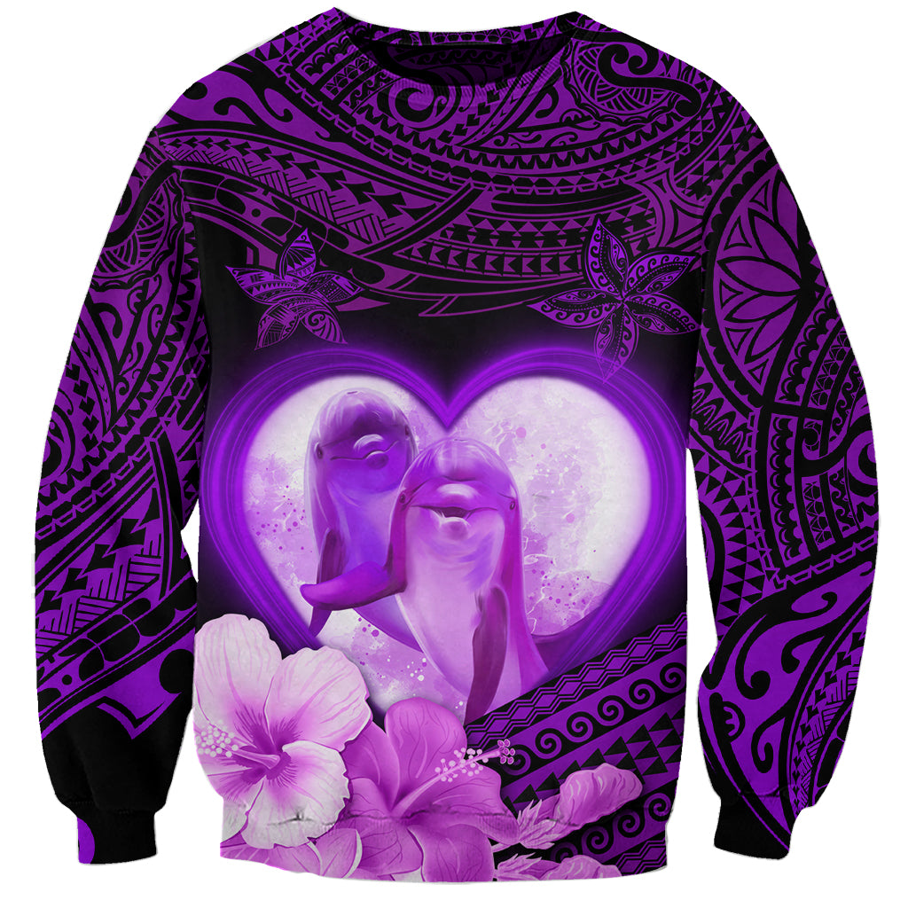 Dolphin Couple Love Story Valentine Day Sweatshirt With Polynesian Tribal Tattoo Purple Style LT03 Unisex Purple - Polynesian Pride