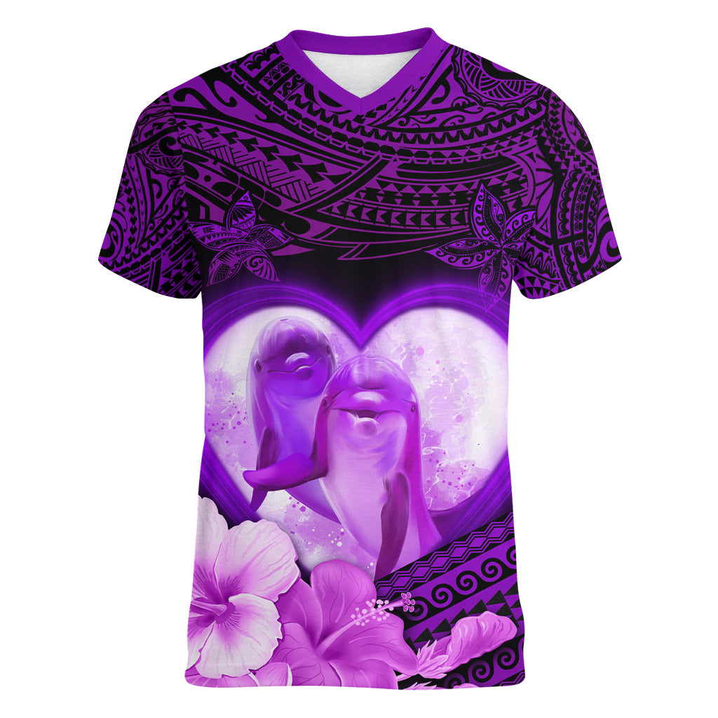 Dolphin Couple Love Story Valentine Day Women V Neck T Shirt With Polynesian Tribal Tattoo Purple Style LT03 Female Purple - Polynesian Pride