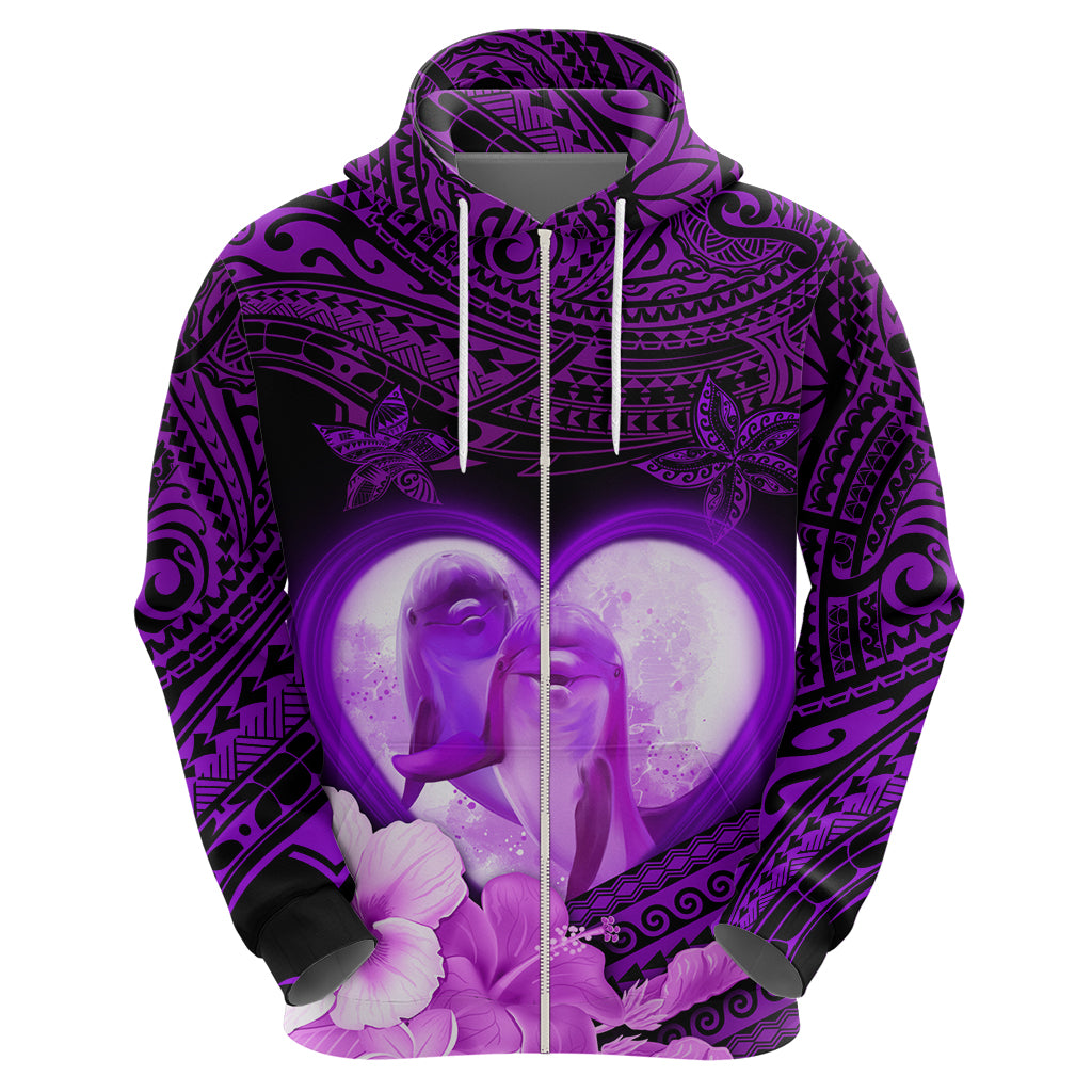 Dolphin Couple Love Story Valentine Day Zip Hoodie With Polynesian Tribal Tattoo Purple Style LT03 - Polynesian Pride