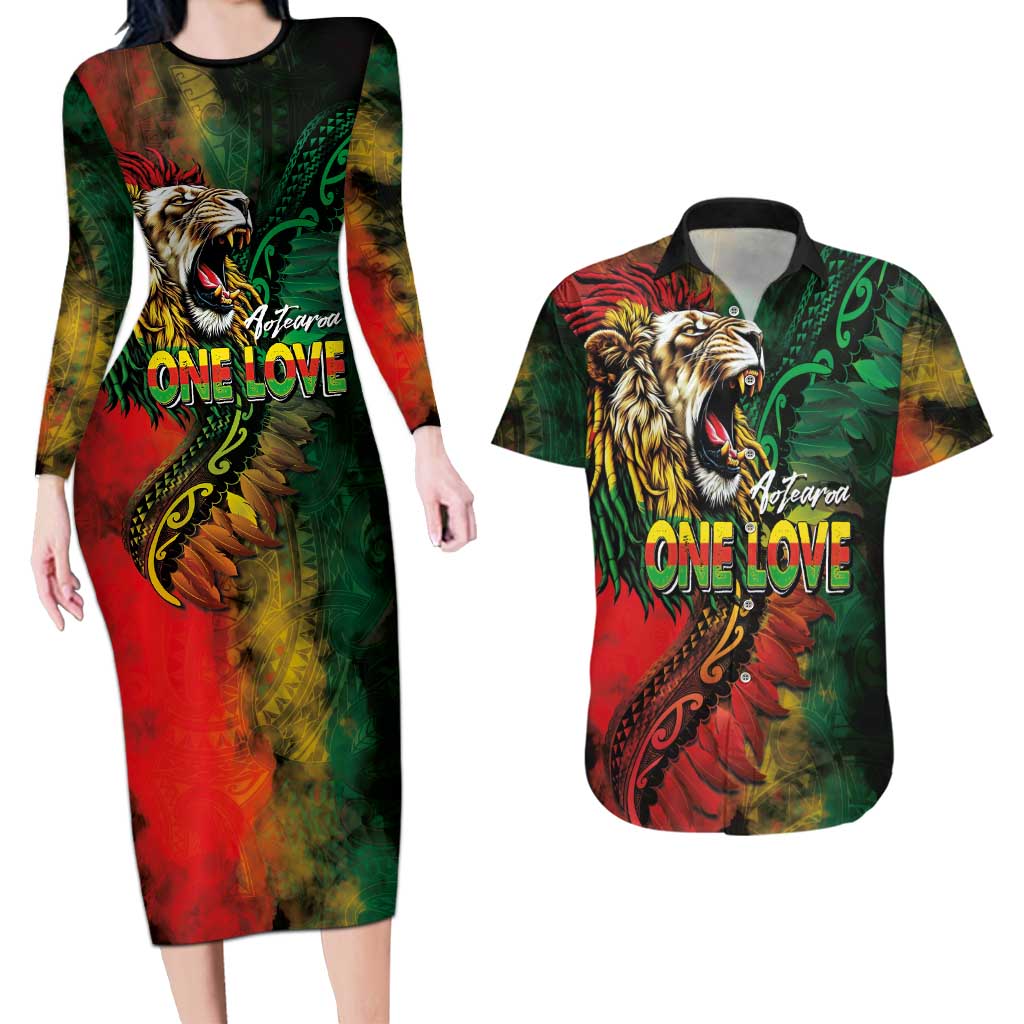 Aotearoa One Love Couples Matching Long Sleeve Bodycon Dress and Hawaiian Shirt Reggae Lion with Kakahu Huruhuru