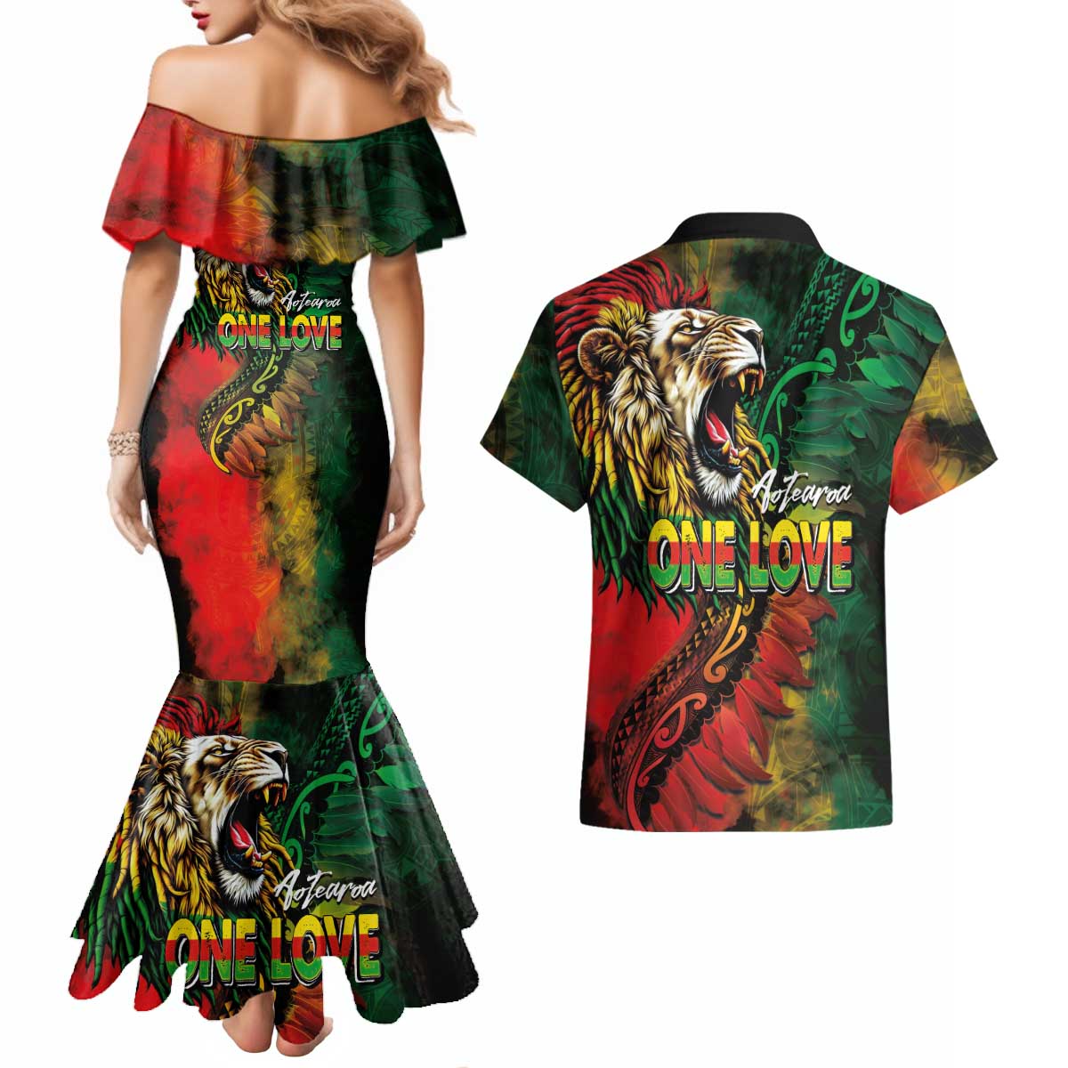 Aotearoa One Love Couples Matching Mermaid Dress and Hawaiian Shirt Reggae Lion with Kakahu Huruhuru LT03 - Polynesian Pride