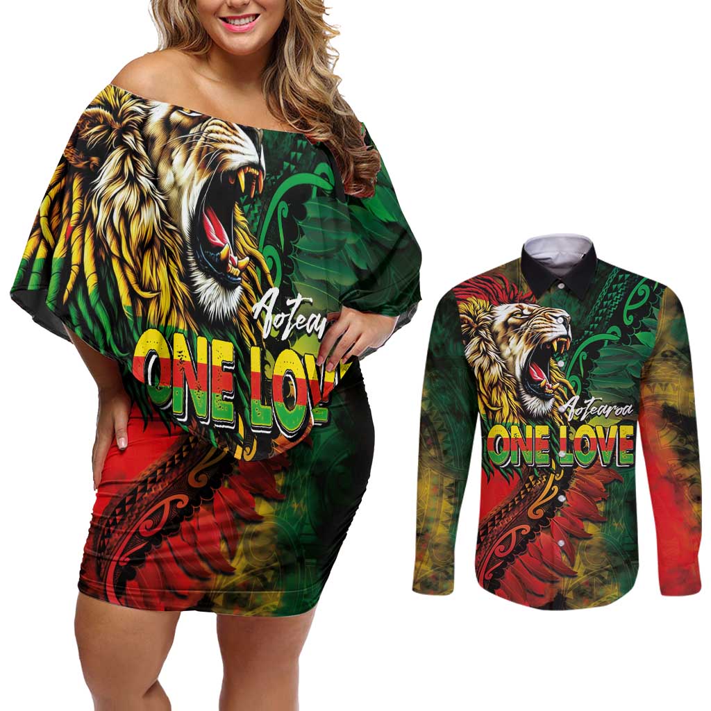 Aotearoa One Love Couples Matching Off Shoulder Short Dress and Long Sleeve Button Shirt Reggae Lion with Kakahu Huruhuru