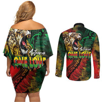 Aotearoa One Love Couples Matching Off Shoulder Short Dress and Long Sleeve Button Shirt Reggae Lion with Kakahu Huruhuru