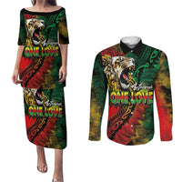 Aotearoa One Love Couples Matching Puletasi and Long Sleeve Button Shirt Reggae Lion with Kakahu Huruhuru