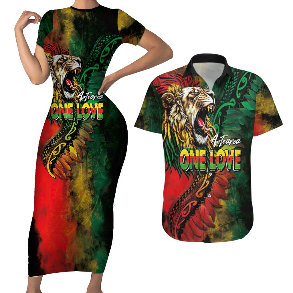Aotearoa One Love Couples Matching Short Sleeve Bodycon Dress and Hawaiian Shirt Reggae Lion with Kakahu Huruhuru LT03 Black - Polynesian Pride