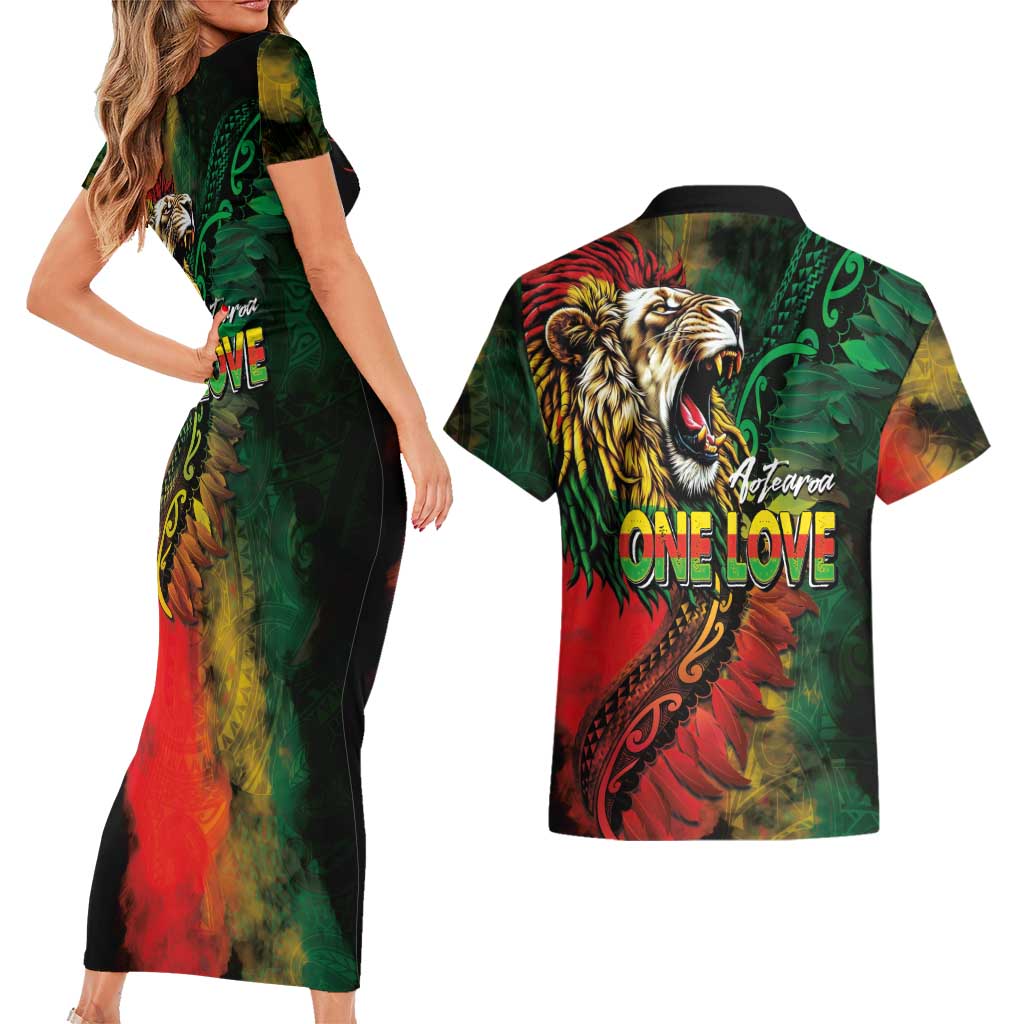 Aotearoa One Love Couples Matching Short Sleeve Bodycon Dress and Hawaiian Shirt Reggae Lion with Kakahu Huruhuru LT03 - Polynesian Pride