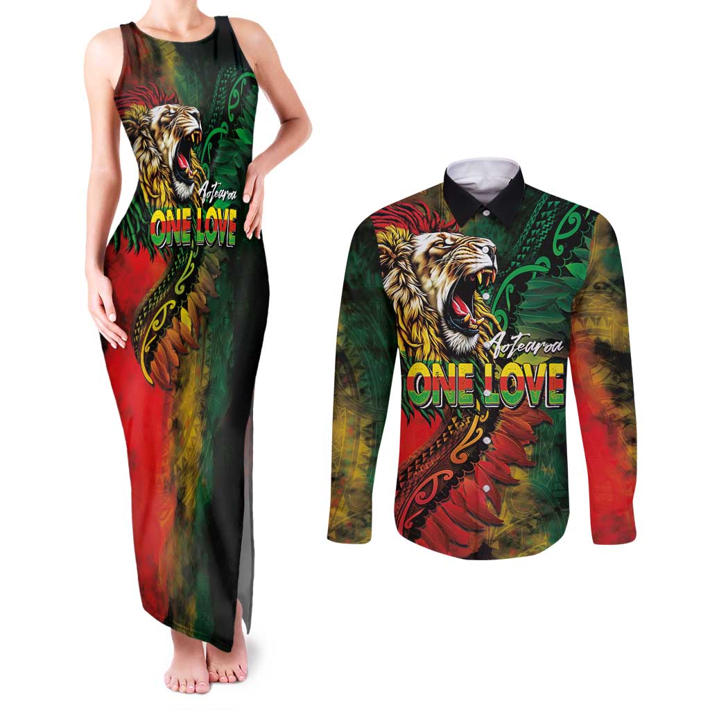 Aotearoa One Love Couples Matching Tank Maxi Dress and Long Sleeve Button Shirt Reggae Lion with Kakahu Huruhuru LT03 Black - Polynesian Pride