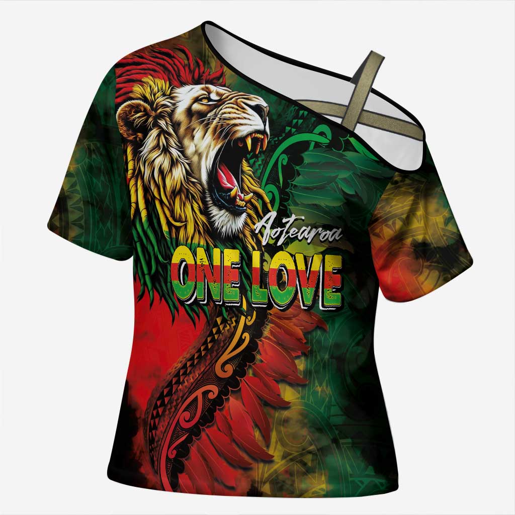 Aotearoa One Love Cross Shoulder Shirt Reggae Lion with Kakahu Huruhuru LT03 Female Black - Polynesian Pride
