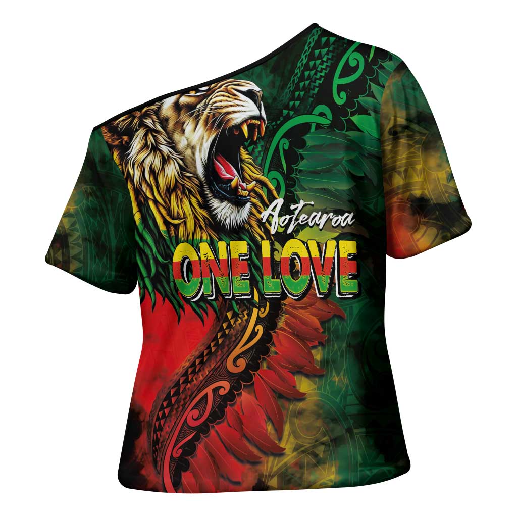 Aotearoa One Love Cross Shoulder Shirt Reggae Lion with Kakahu Huruhuru LT03 - Polynesian Pride
