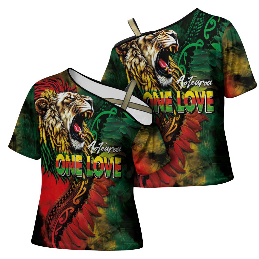 Aotearoa One Love Cross Shoulder Shirt Reggae Lion with Kakahu Huruhuru LT03 - Polynesian Pride