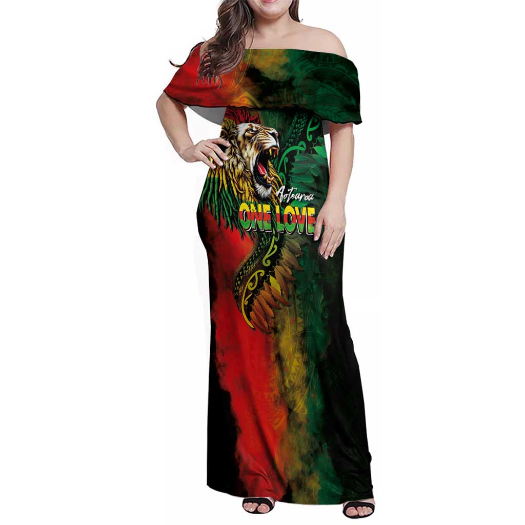 Aotearoa One Love Family Matching Off Shoulder Maxi Dress and Hawaiian Shirt Reggae Lion with Kakahu Huruhuru
