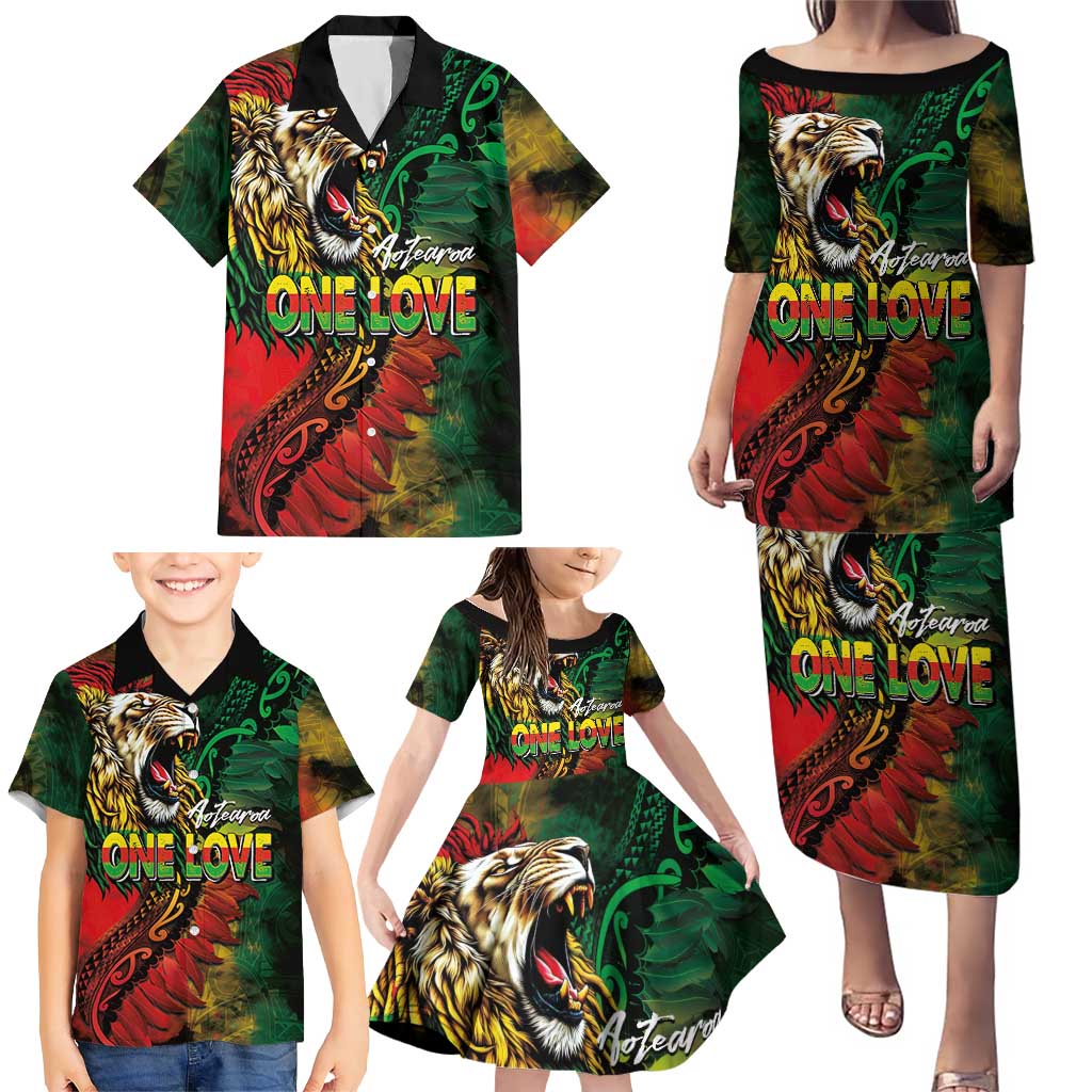 Aotearoa One Love Family Matching Puletasi and Hawaiian Shirt Reggae Lion with Kakahu Huruhuru LT03 - Polynesian Pride