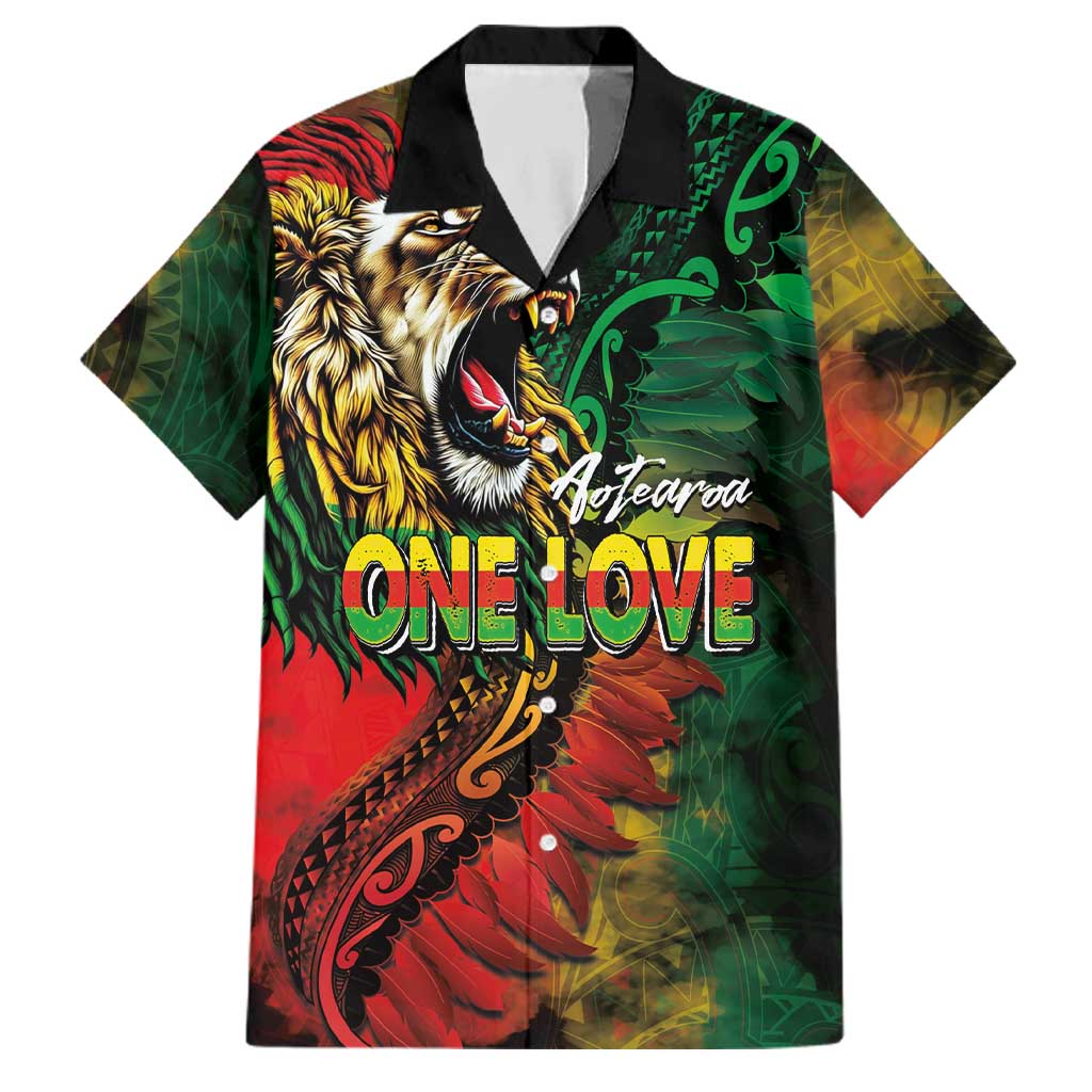Aotearoa One Love Family Matching Puletasi and Hawaiian Shirt Reggae Lion with Kakahu Huruhuru LT03 Dad's Shirt - Short Sleeve Black - Polynesian Pride