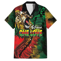 Aotearoa One Love Family Matching Puletasi and Hawaiian Shirt Reggae Lion with Kakahu Huruhuru LT03 Dad's Shirt - Short Sleeve Black - Polynesian Pride