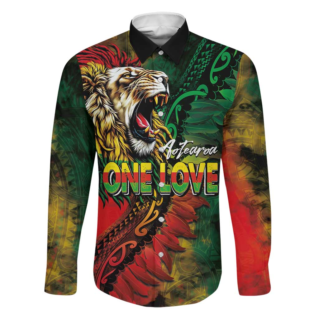 Aotearoa One Love Family Matching Puletasi and Hawaiian Shirt Reggae Lion with Kakahu Huruhuru LT03 Dad's Shirt - Long Sleeve Black - Polynesian Pride