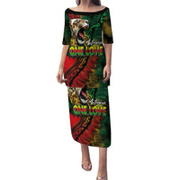 Aotearoa One Love Family Matching Puletasi and Hawaiian Shirt Reggae Lion with Kakahu Huruhuru LT03 Mom's Dress Black - Polynesian Pride