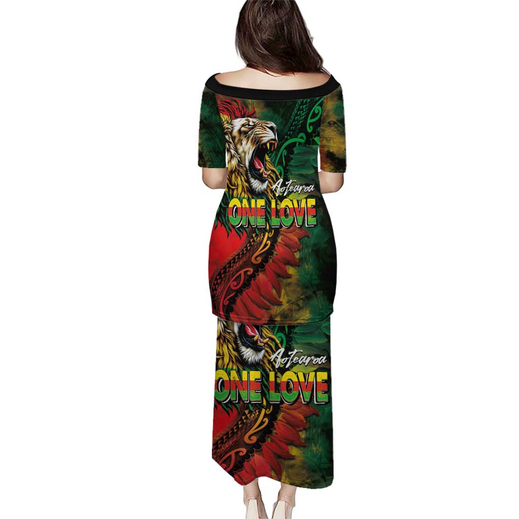 Aotearoa One Love Family Matching Puletasi and Hawaiian Shirt Reggae Lion with Kakahu Huruhuru LT03 - Polynesian Pride