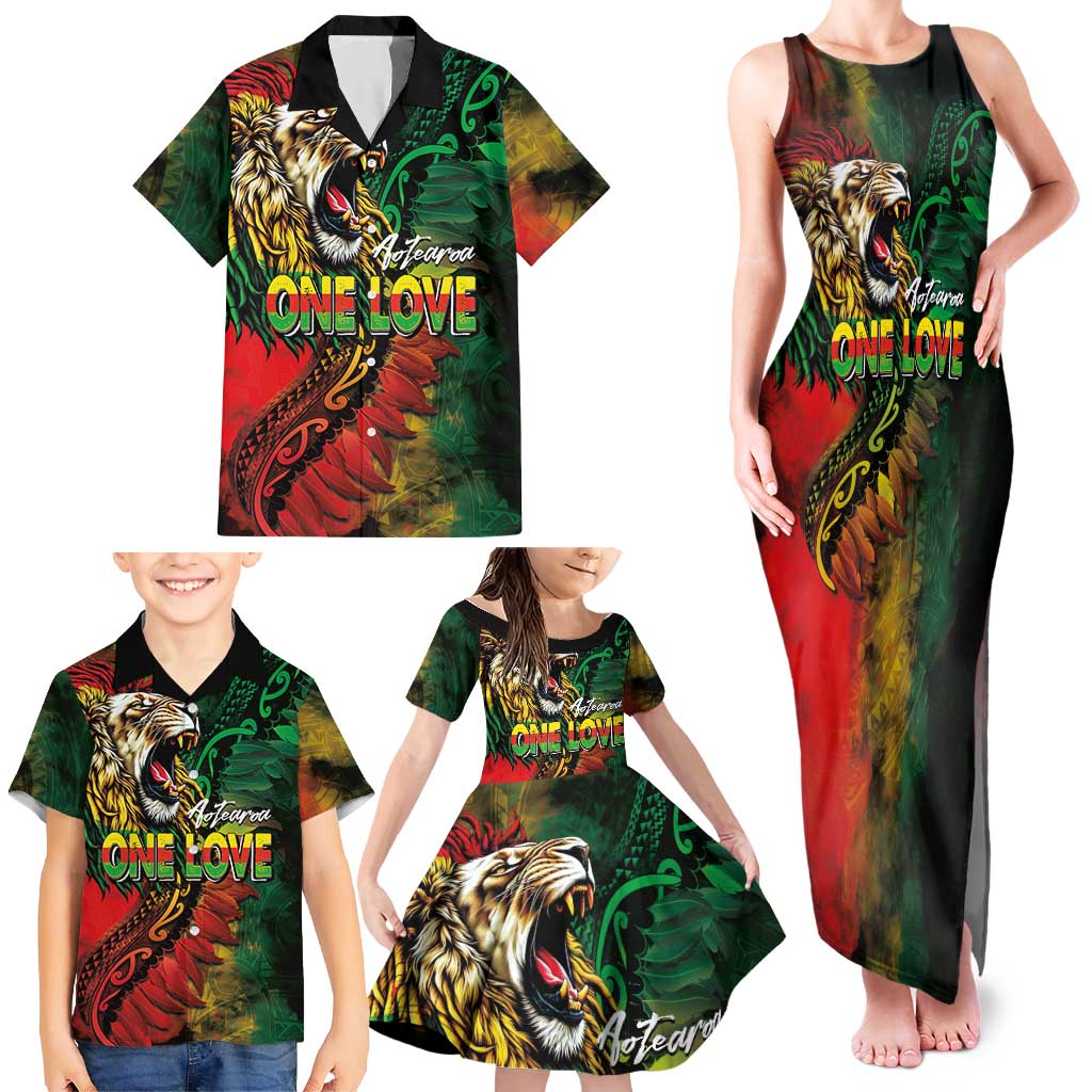 Aotearoa One Love Family Matching Tank Maxi Dress and Hawaiian Shirt Reggae Lion with Kakahu Huruhuru