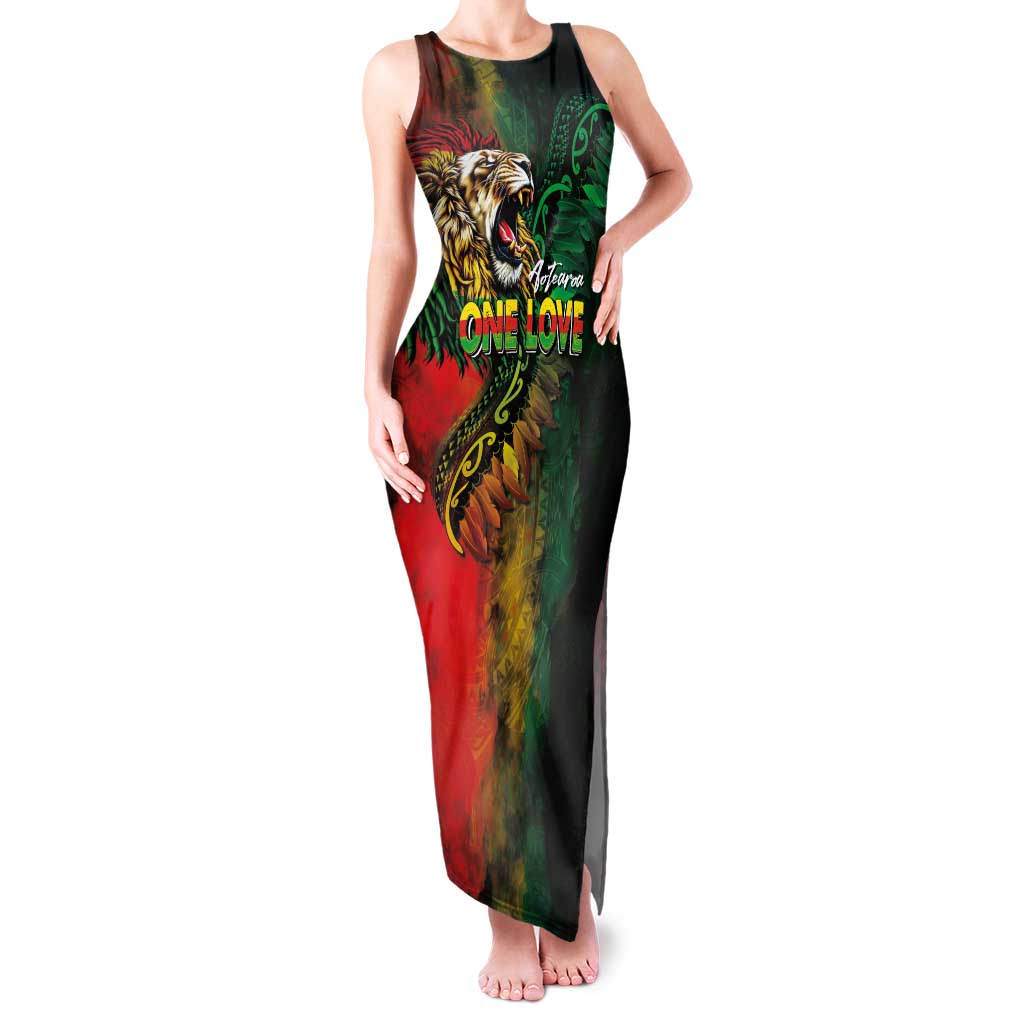 Aotearoa One Love Family Matching Tank Maxi Dress and Hawaiian Shirt Reggae Lion with Kakahu Huruhuru