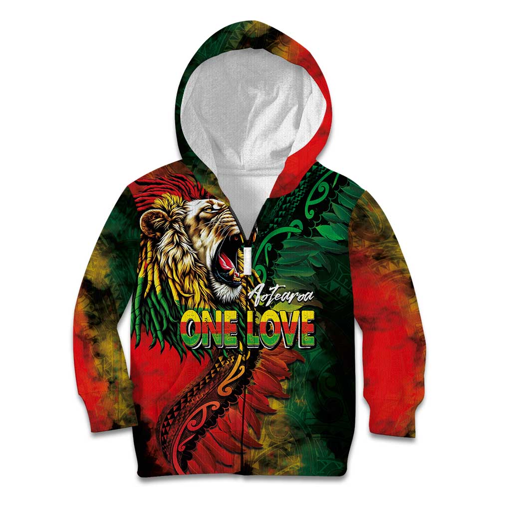 Aotearoa One Love Kid Hoodie Reggae Lion with Kakahu Huruhuru LT03 Zip Hoodie Black - Polynesian Pride