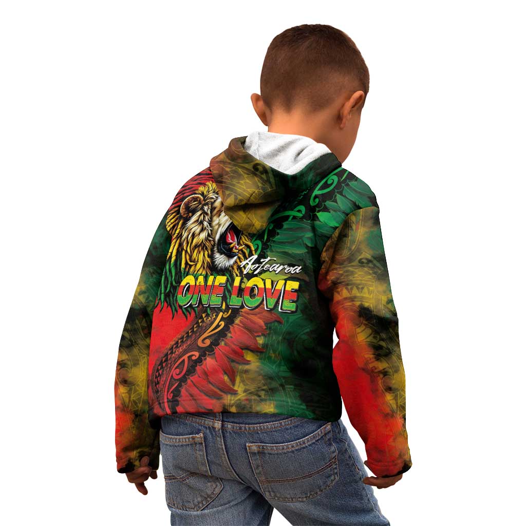 Aotearoa One Love Kid Hoodie Reggae Lion with Kakahu Huruhuru LT03 - Polynesian Pride