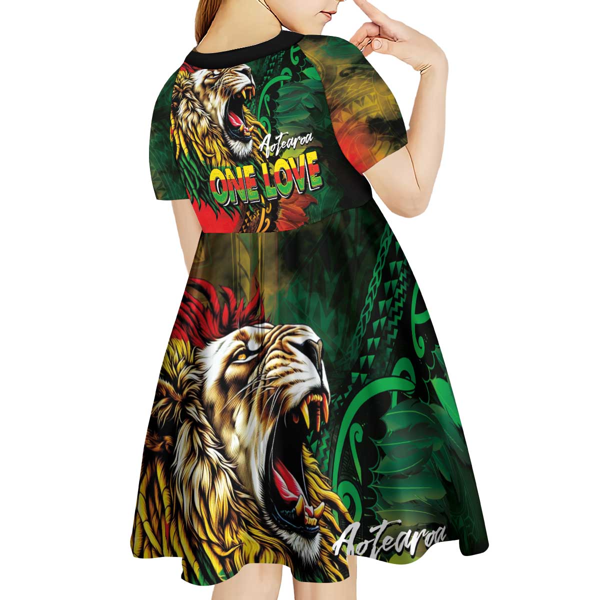 Aotearoa One Love Kid Short Sleeve Dress Reggae Lion with Kakahu Huruhuru