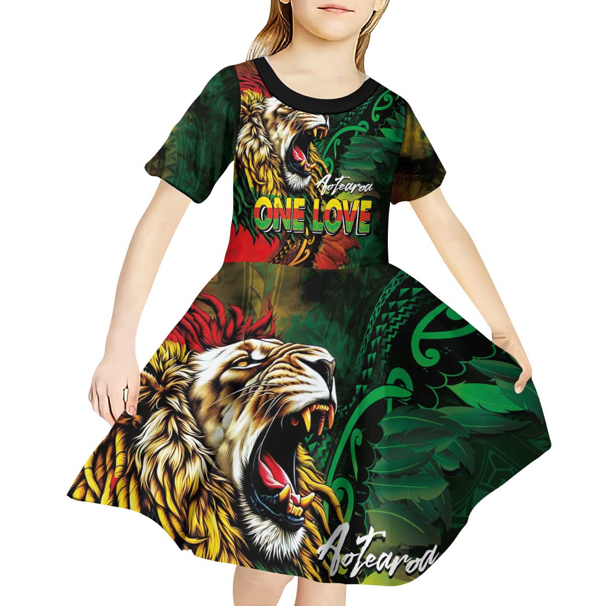Aotearoa One Love Kid Short Sleeve Dress Reggae Lion with Kakahu Huruhuru