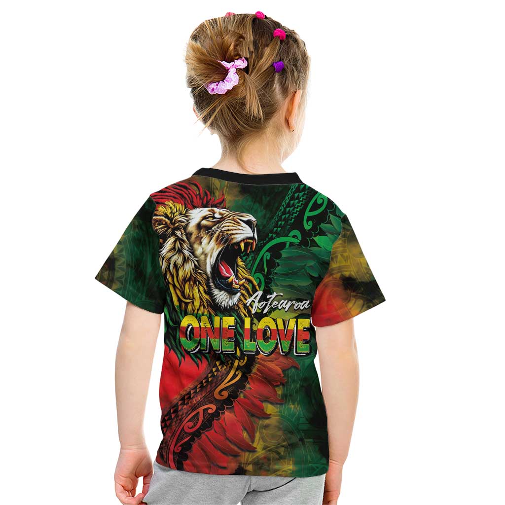 Aotearoa One Love Kid T Shirt Reggae Lion with Kakahu Huruhuru LT03 - Polynesian Pride