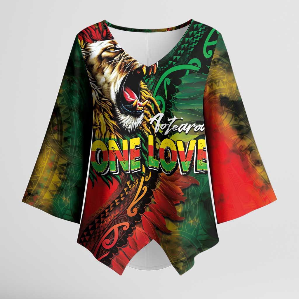 Aotearoa One Love Kimono Sleeve Blouse Reggae Lion with Kakahu Huruhuru LT03 Female Black - Polynesian Pride