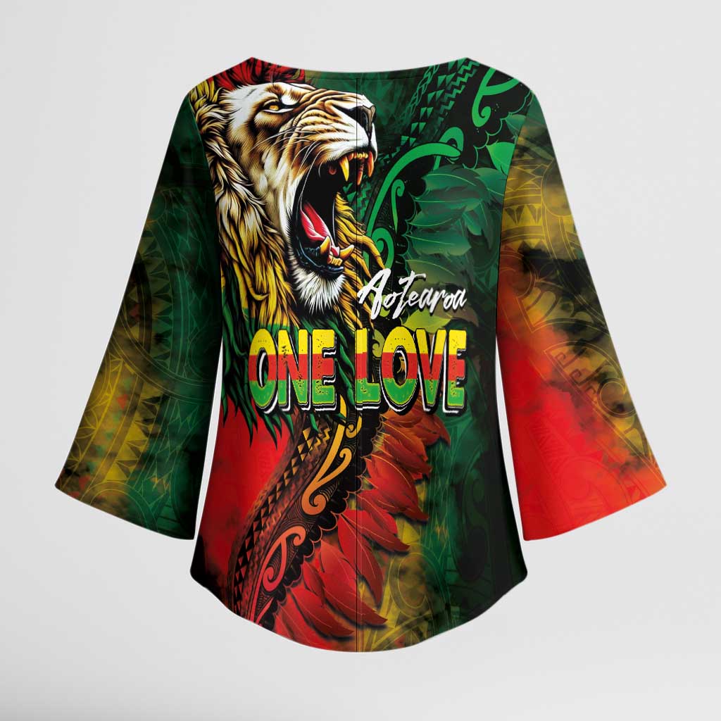 Aotearoa One Love Kimono Sleeve Blouse Reggae Lion with Kakahu Huruhuru LT03 - Polynesian Pride