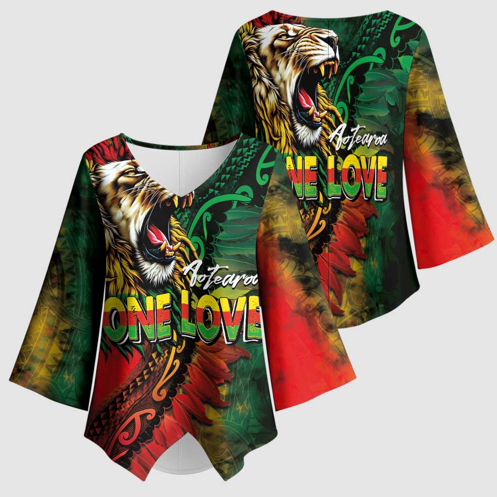 Aotearoa One Love Kimono Sleeve Blouse Reggae Lion with Kakahu Huruhuru LT03 - Polynesian Pride
