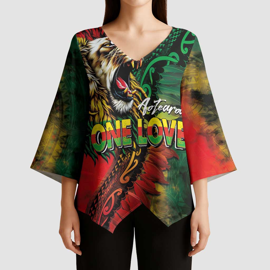 Aotearoa One Love Kimono Sleeve Blouse Reggae Lion with Kakahu Huruhuru LT03 - Polynesian Pride