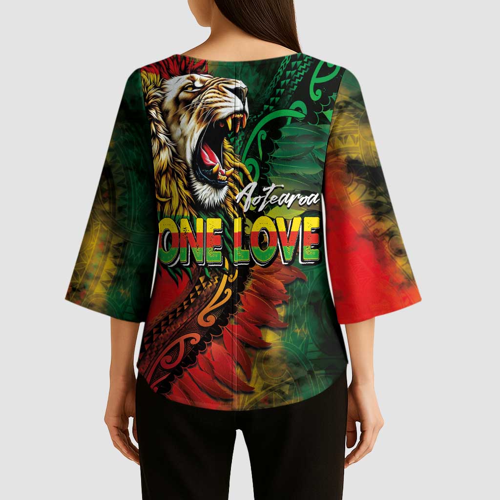 Aotearoa One Love Kimono Sleeve Blouse Reggae Lion with Kakahu Huruhuru LT03 - Polynesian Pride