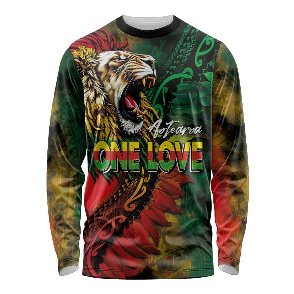 Aotearoa One Love Long Sleeve Shirt Reggae Lion with Kakahu Huruhuru LT03 Unisex Black - Polynesian Pride
