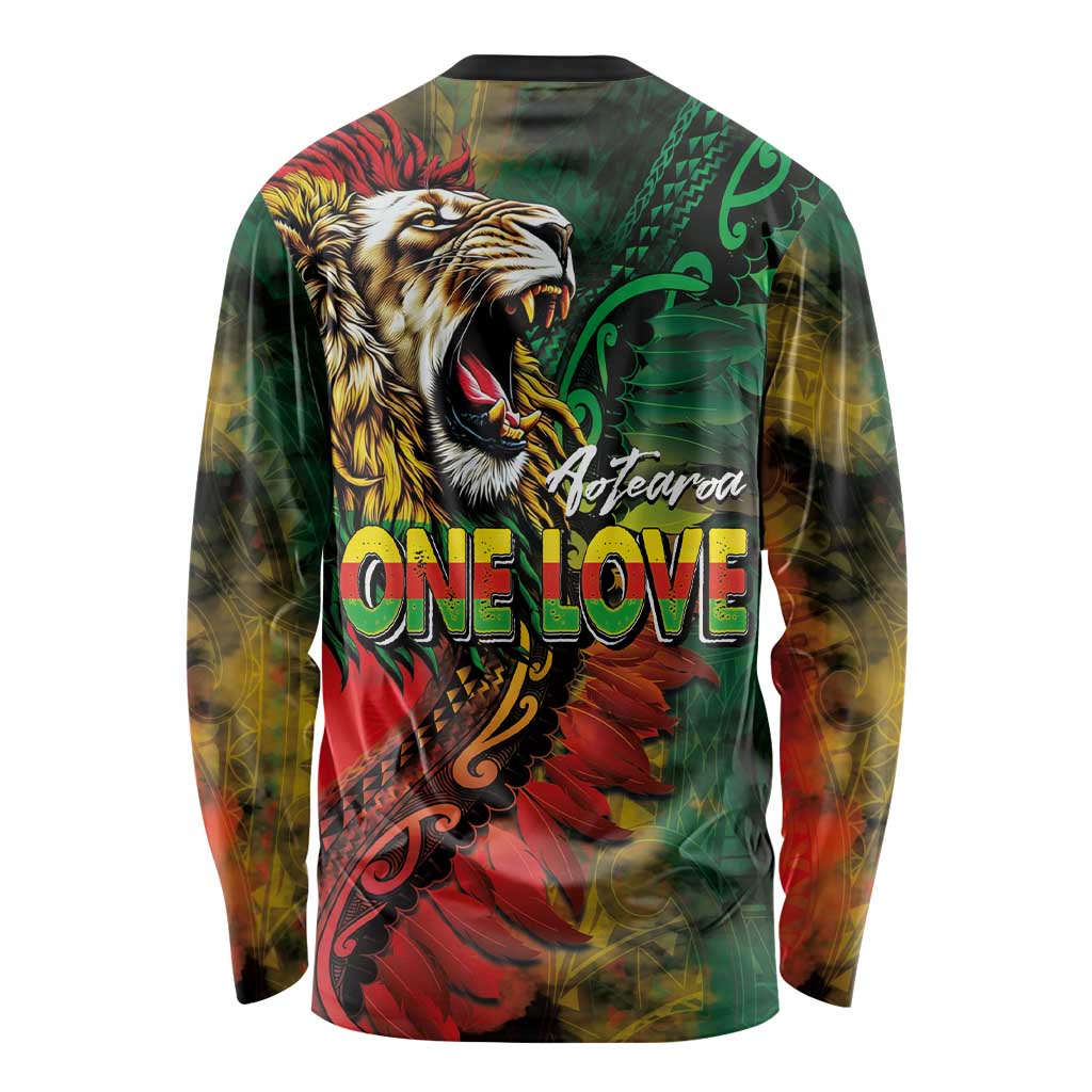 Aotearoa One Love Long Sleeve Shirt Reggae Lion with Kakahu Huruhuru LT03 - Polynesian Pride
