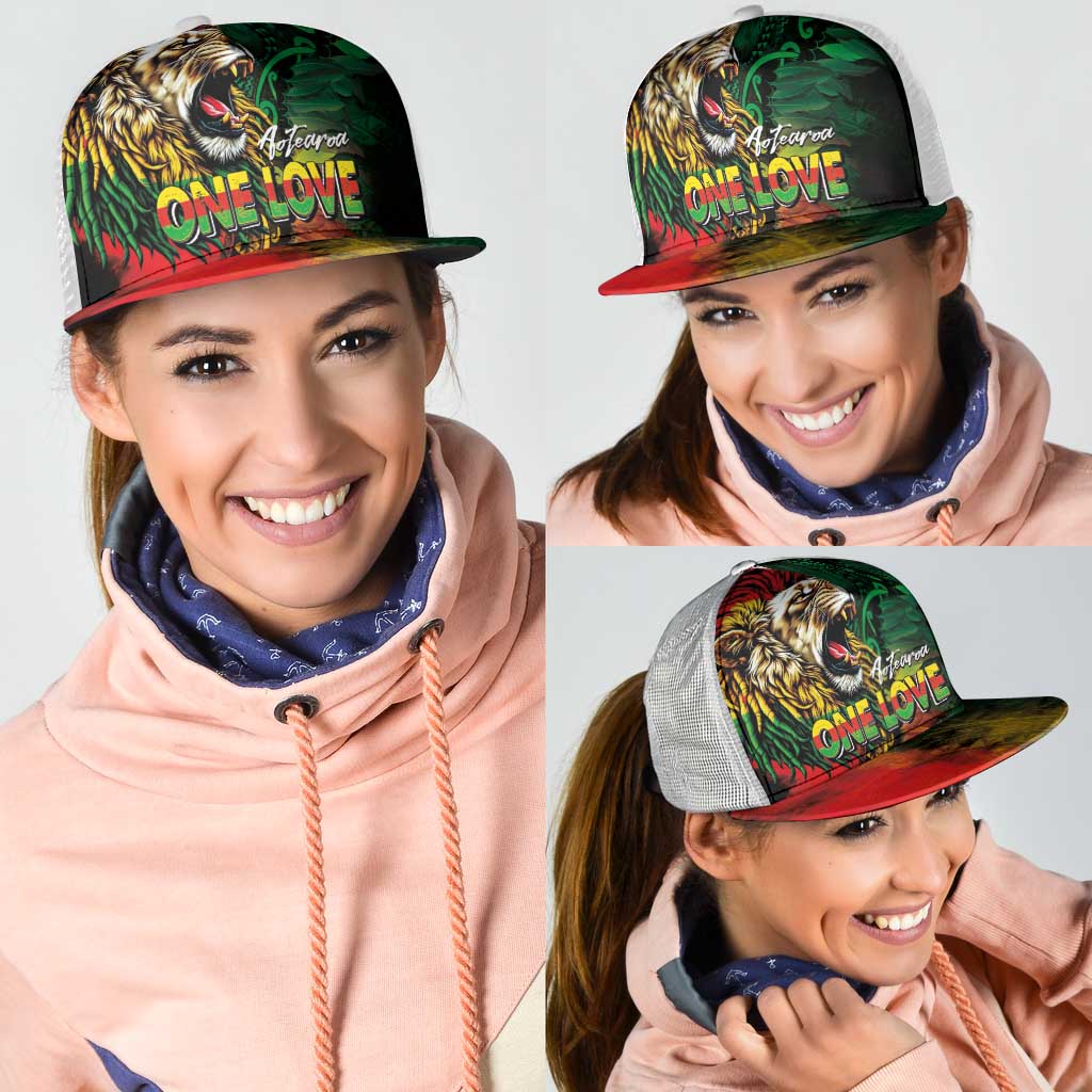 Aotearoa One Love Mesh Trucker Cap Reggae Lion with Kakahu Huruhuru