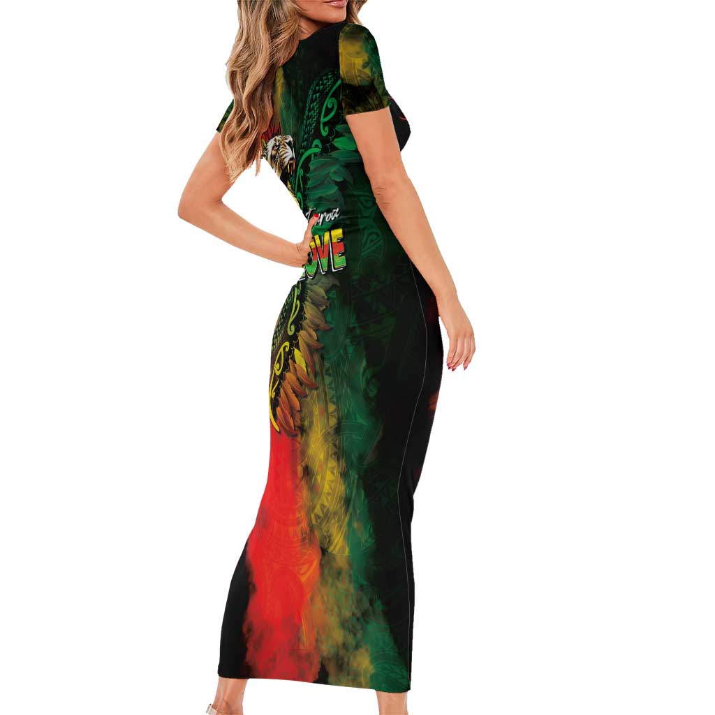Aotearoa One Love Short Sleeve Bodycon Dress Reggae Lion with Kakahu Huruhuru LT03 - Polynesian Pride