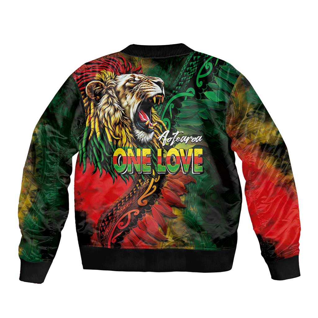 Aotearoa One Love Sleeve Zip Bomber Jacket Reggae Lion with Kakahu Huruhuru LT03 - Polynesian Pride