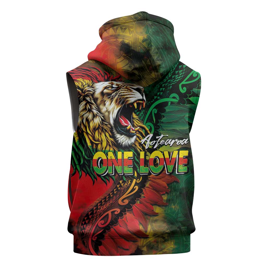 Aotearoa One Love Sleeveless Hoodie Reggae Lion with Kakahu Huruhuru LT03 - Polynesian Pride