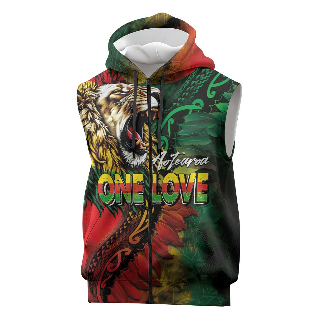 Aotearoa One Love Sleeveless Zip Hoodie Reggae Lion with Kakahu Huruhuru LT03 Black - Polynesian Pride