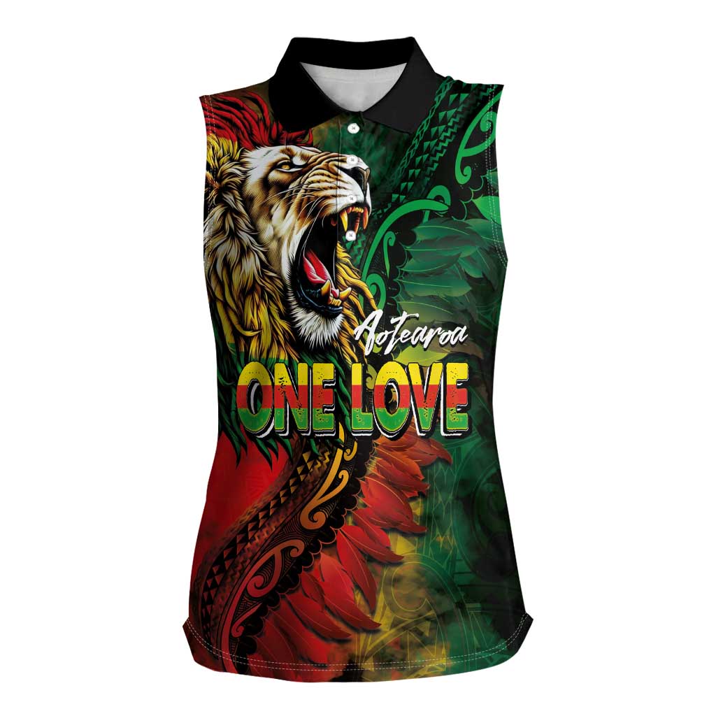 Aotearoa One Love Women Sleeveless Polo Shirt Reggae Lion with Kakahu Huruhuru LT03 Female Black - Polynesian Pride
