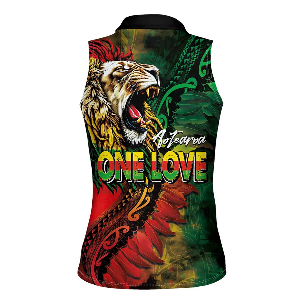 Aotearoa One Love Women Sleeveless Polo Shirt Reggae Lion with Kakahu Huruhuru LT03 - Polynesian Pride