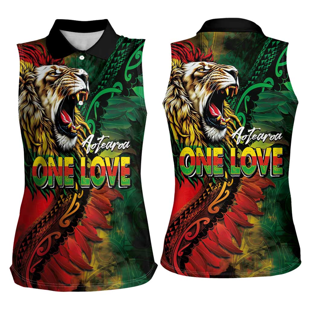 Aotearoa One Love Women Sleeveless Polo Shirt Reggae Lion with Kakahu Huruhuru LT03 - Polynesian Pride