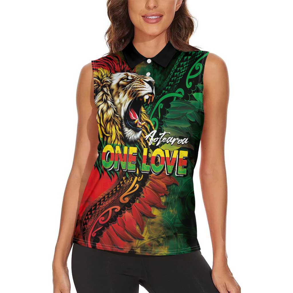 Aotearoa One Love Women Sleeveless Polo Shirt Reggae Lion with Kakahu Huruhuru LT03 - Polynesian Pride