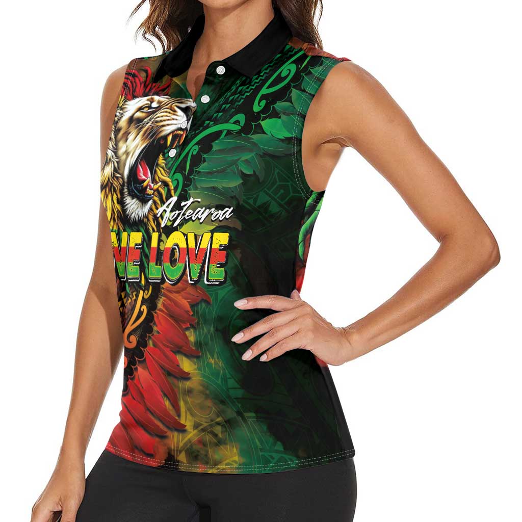 Aotearoa One Love Women Sleeveless Polo Shirt Reggae Lion with Kakahu Huruhuru LT03 - Polynesian Pride