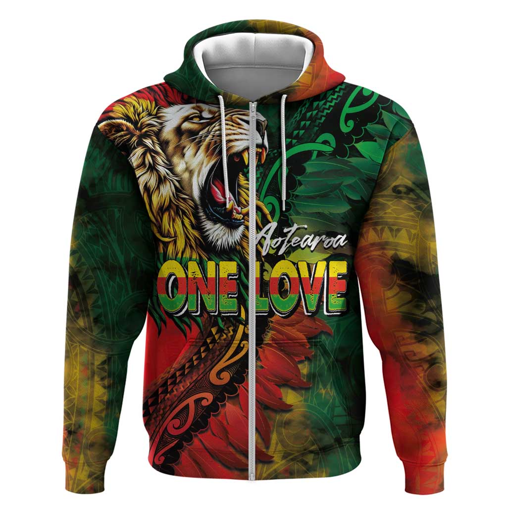 Aotearoa One Love Zip Hoodie Reggae Lion with Kakahu Huruhuru