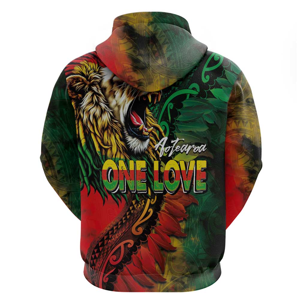 Aotearoa One Love Zip Hoodie Reggae Lion with Kakahu Huruhuru LT03 - Polynesian Pride