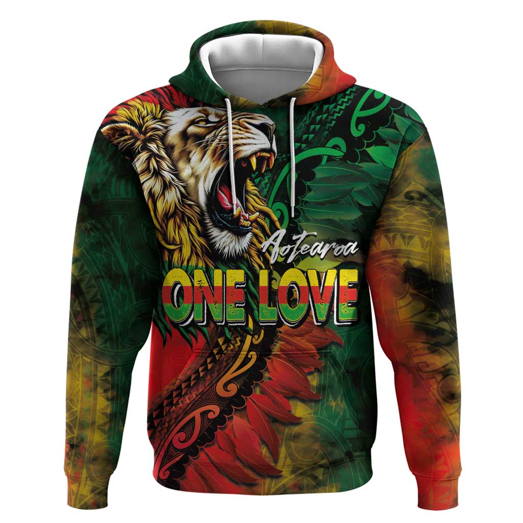 Aotearoa One Love Zip Hoodie Reggae Lion with Kakahu Huruhuru LT03 Pullover Hoodie Black - Polynesian Pride