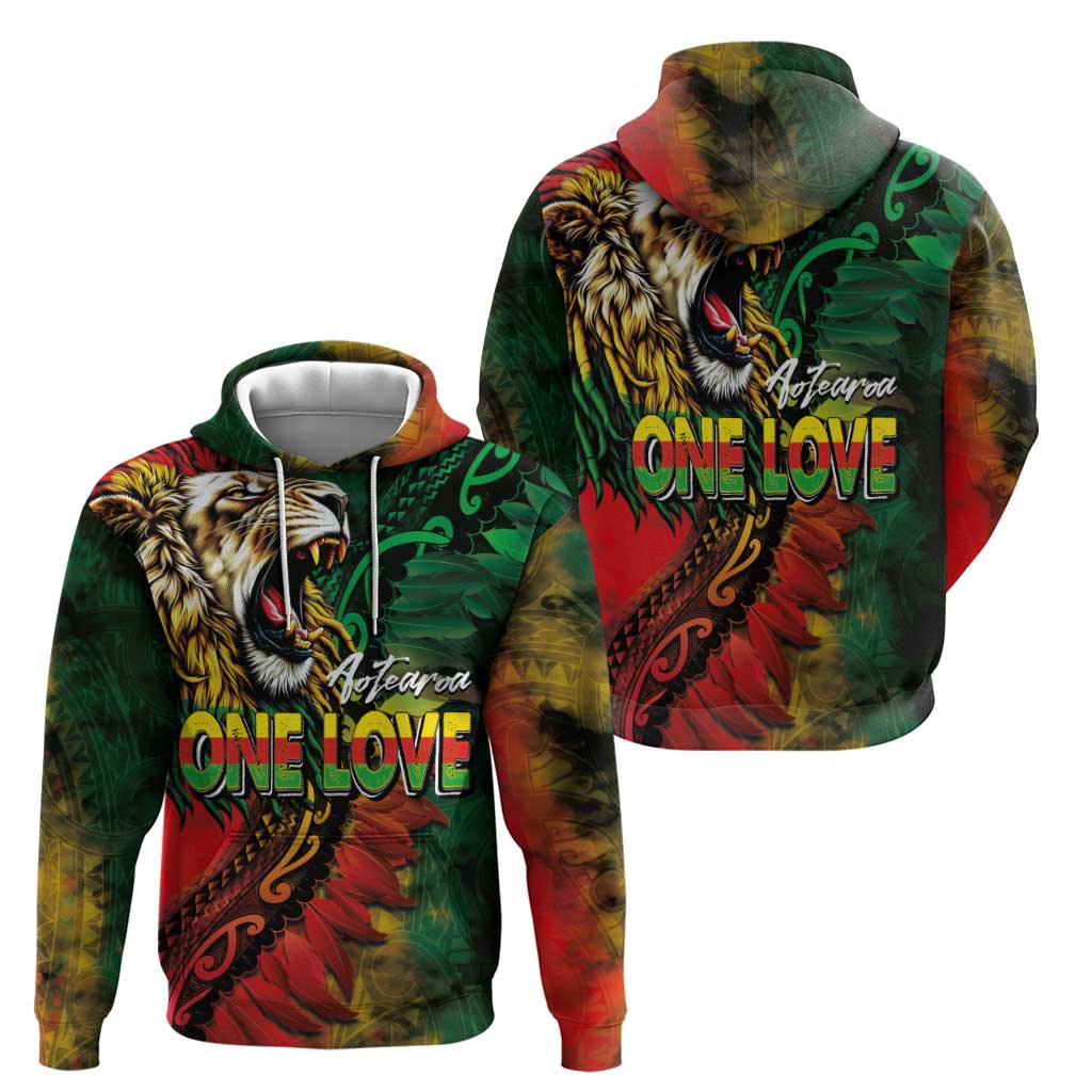 Aotearoa One Love Zip Hoodie Reggae Lion with Kakahu Huruhuru LT03 - Polynesian Pride