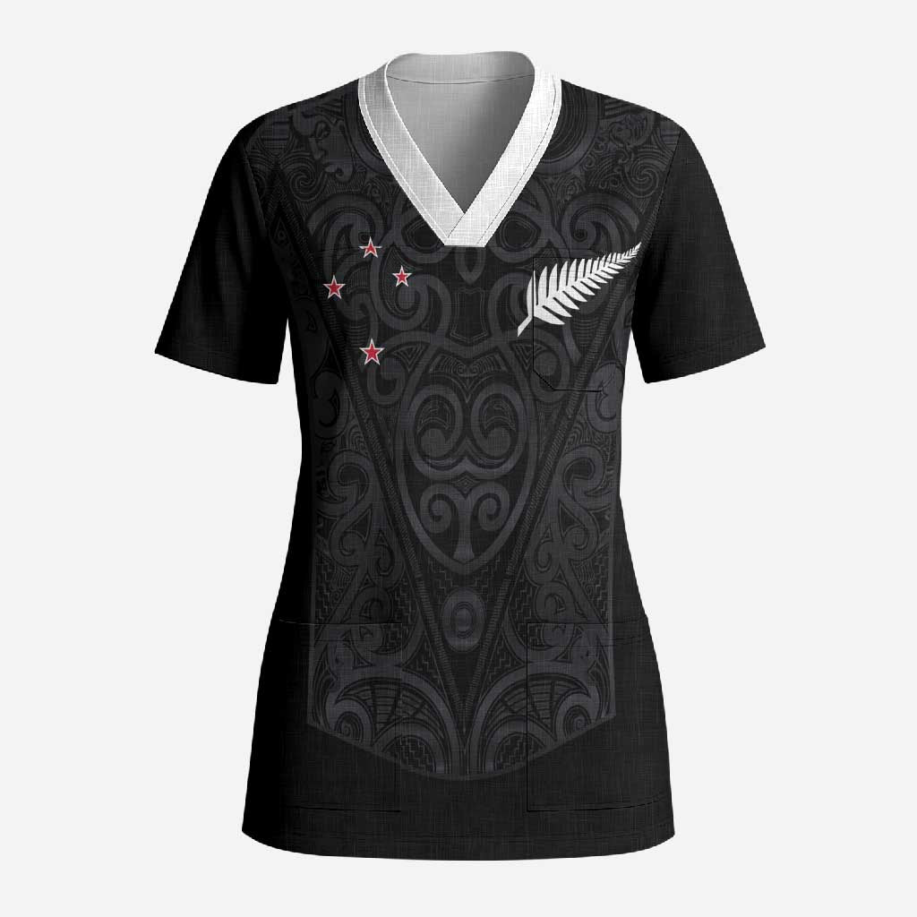 Custom Aotearoa Rugby Scrub Top Fern Blacks-Traditional Maori Motifs Design